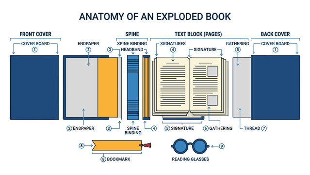 Anatomy of exploded book showing structure including cover board endpaper spine binding.