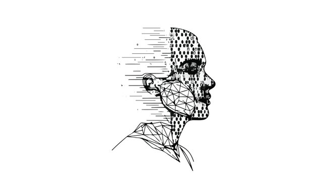 Abstract human face illustration shows digital transformation with geometric lines and binary code elements.