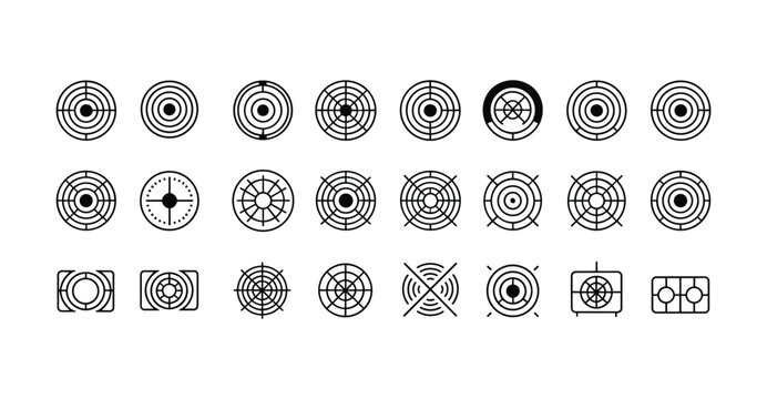 Abstract target icon collection with futuristic radar interface elements, geometric circular symbols for digital technology and navigation design projects