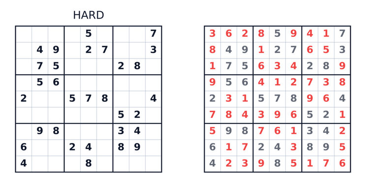 Sudoku puzzle with hard difficulty level and completed solution/ Hard level  