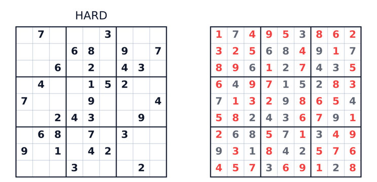 Sudoku puzzle grid with hard difficulty level and solution. Hard level  