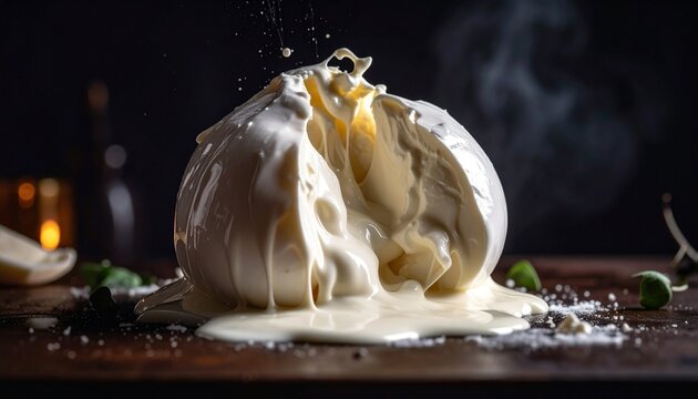 Burrata cheese being pulled apart revealing creamy stracciatella filling in dark moody studio setting