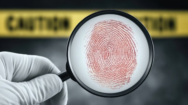 Close-up of gloved hand holding magnifying glass revealing detailed fingerprint with blurred caution tape in background crime investigation concept