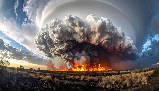 Massive wildfire burning under pyrocumulus cloud in dramatic mountain landscape at dusk