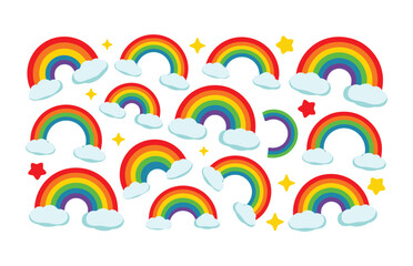 Fototapeta premium Colorful rainbow clipart collection featuring clouds and stars, cheerful cartoon weather elements, cute fantasy nursery illustration design set