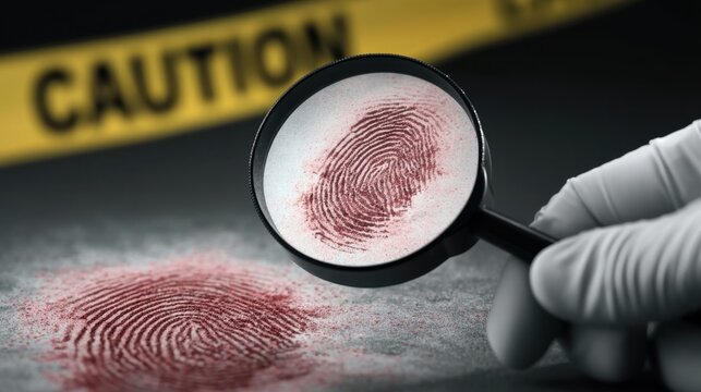 Close-up of fingerprint in red powder under magnifying glass with gloved hand and caution tape in background for forensic investigation and crime scene analysis