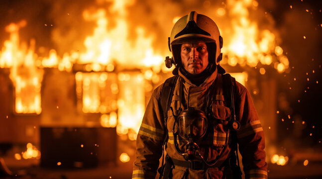A portrait of a brave firefighter in full protective gear standing resolute in front of a burning building with orange flames and smoke during an emergency night operation.