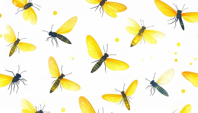 Seamless pattern of flying fireflies and insects in various poses, flat 2D illustration on white background