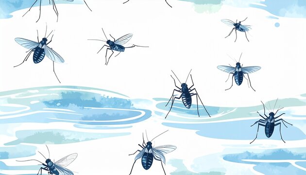 Water Strider Insects Floating on Water Surface Seamless Pattern Flat Illustration