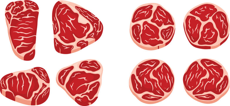 Flat vector illustration collection of raw fresh marbled beef steaks featuring ribeye tenderloin sirloin and round meat cuts for butchery isolated on transparent background