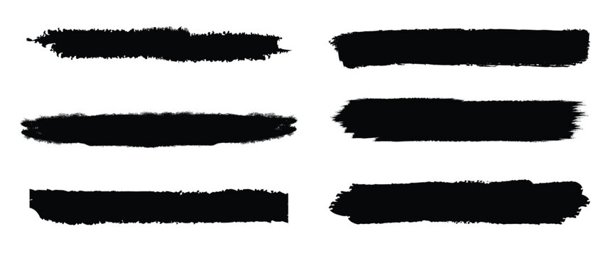 Black grunge brush stroke set. Redacted text censorship bars and rough ink dividers. Professional vector pack.
