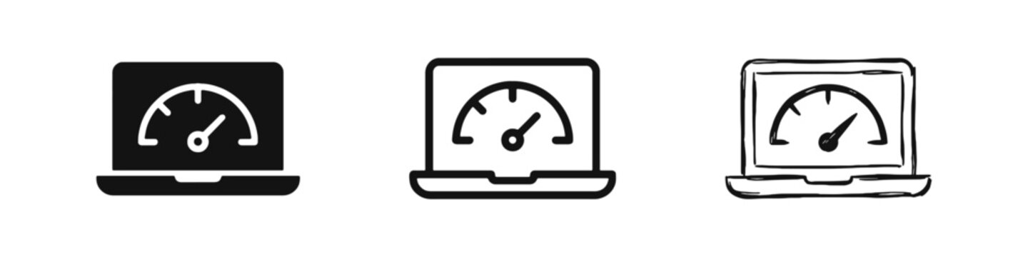 Laptop Performance Speedometer Icon Set for Internet Speed and Tech