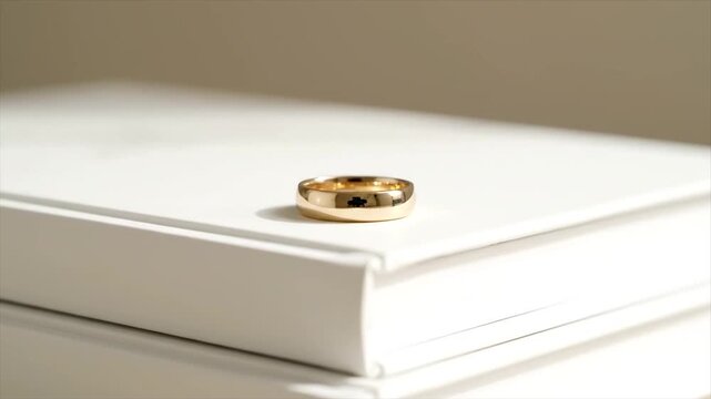 Gold wedding ring resting on open white book minimalist still life composition