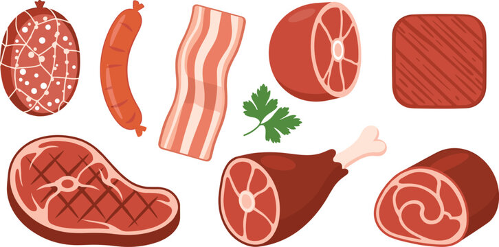 Flat vector illustration icon collection of butchery products including grilled beef steak strip bacon pork ham leg bone salami sausage roll and parsley garnish