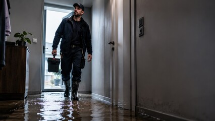 Fototapeta premium Technician walking through flooded apartment hallway with equipment after water damage, emergency plumbing service, home restoration concept.