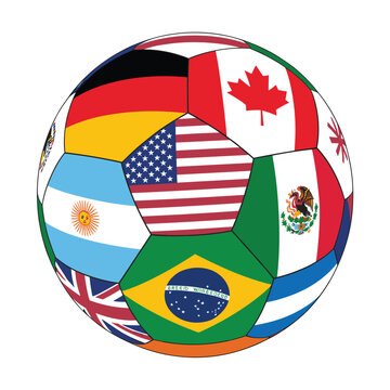 International soccer ball illustration featuring global country flags, multicultural sports concept, world football championship themed vector design artwork