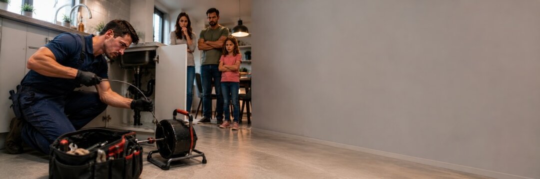 Plumber fixing blocked kitchen drain with worried family in background and large copy space, emergency plumbing service, home repair website banner.