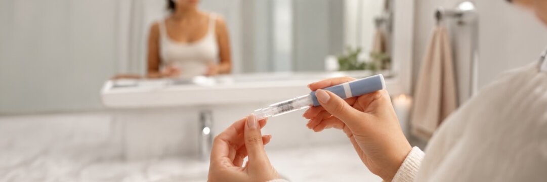 Woman holding GLP 1 injection pen in cozy bathroom interior with large copy space, weight loss treatment concept, wellness website banner.