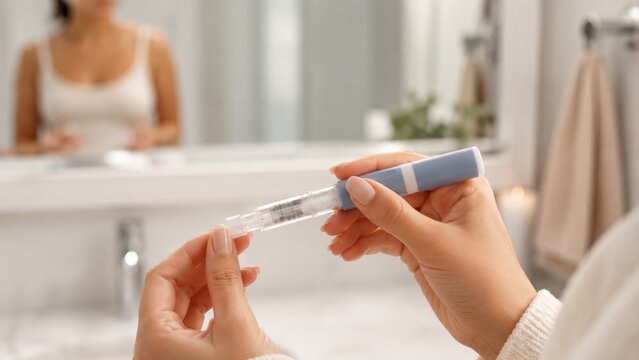 Close up woman preparing GLP 1 injection pen in modern bathroom interior, weight loss treatment concept, wellness healthcare lifestyle.
