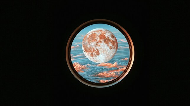 Full moon shining above clouds viewed through round window. Concept of space travel, exploration, and night sky exploration. Surreal celestial scenery for dreamy atmosphere and wonder.