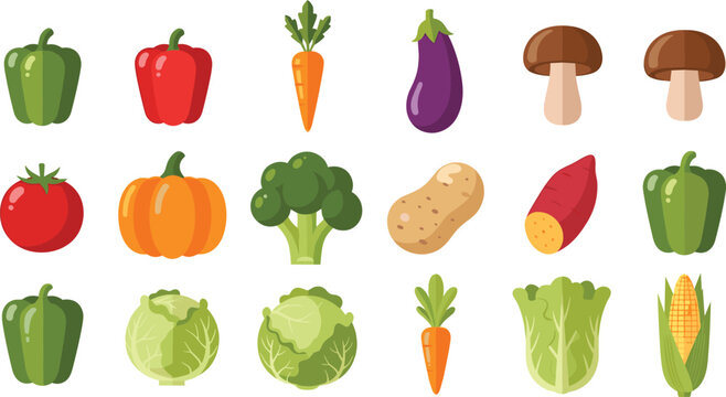 Flat vegetable vector illustration mega pack featuring bell pepper carrot eggplant mushroom tomato pumpkin broccoli potato sweet potato cabbage corn isolated on transparent background
