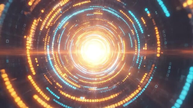 Abstract digital tunnel with glowing blue and orange circles, futuristic.