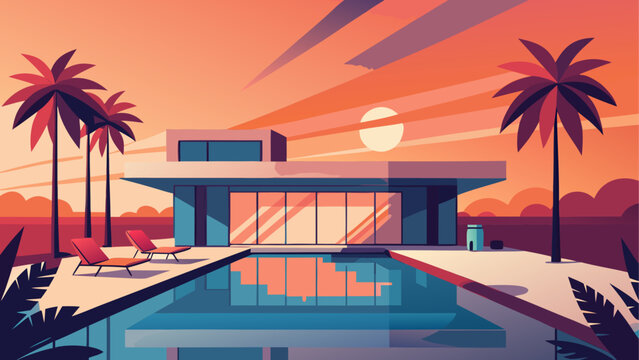 Modern villa at sunset