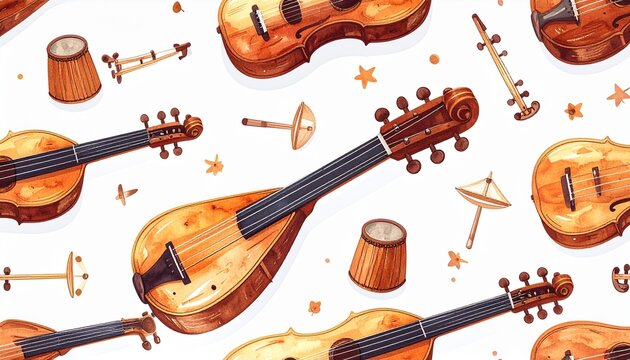 Vintage Musical Instruments Pattern with Mandolin Banjo and Dulcimer in Flat Illustration Style