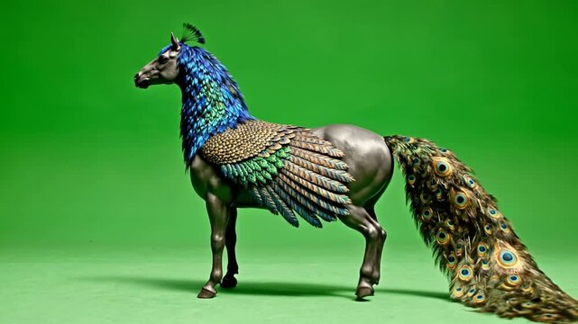 Mythical pegasus horse with vibrant iridescent peacock tail feathers and flowing blue mane walking forward against a solid