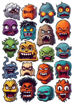 Collection of scary cartoon monster faces with different creepy expressions and colorful designs. Funny horror mascot vector set for stickers, icons, favicons, gaming, branding, patches and t-shirt pr