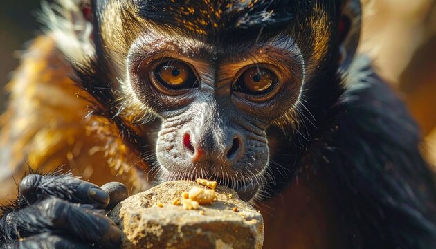 Tufted capuchin monkey eating nut with focused expression in natural close-up portrait