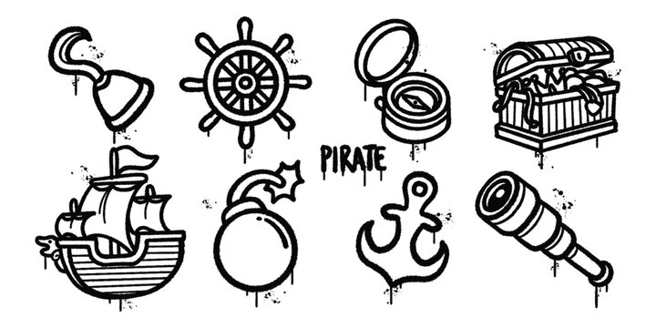 Set of graffiti spray elements Pirate and Sea Adventure Icon vector illustration