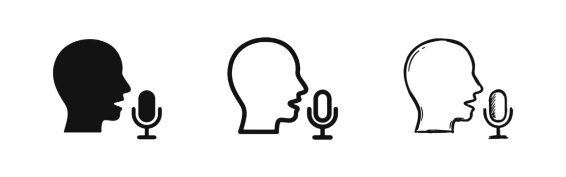 Voice Assistant Icon Set, Profile with Microphone, Audio Command and Speaking Communication Symbol Vector