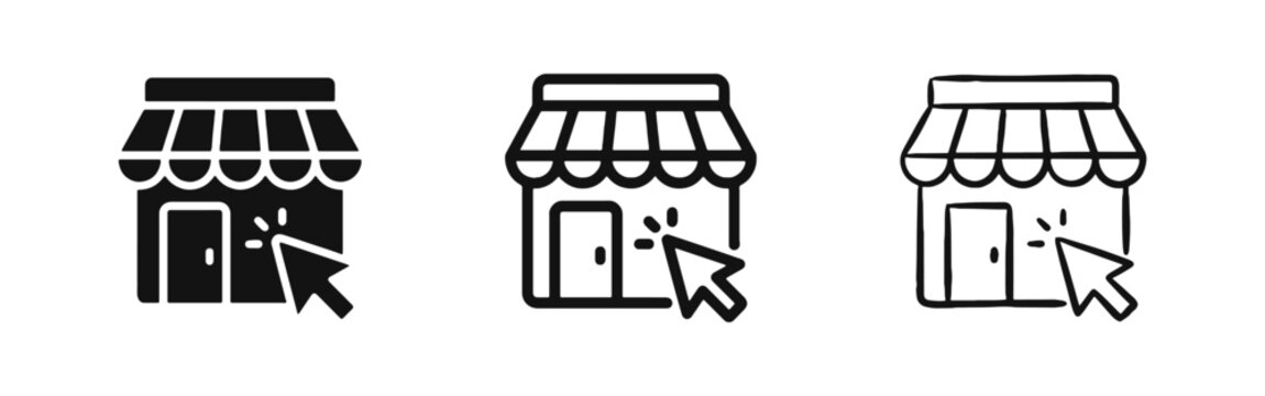 Online Shopping Storefront Icon, Click and Collect Symbol, E-commerce Retail Business Cursor Selection Set