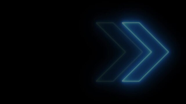 Glowing directional arrows graphic featuring sapphire blue and white colors with intense neon pulsing lighting effect, 4k video