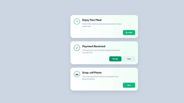 Food Delivery Status Notification Stacked UI Cards for Payment Received and Order Success