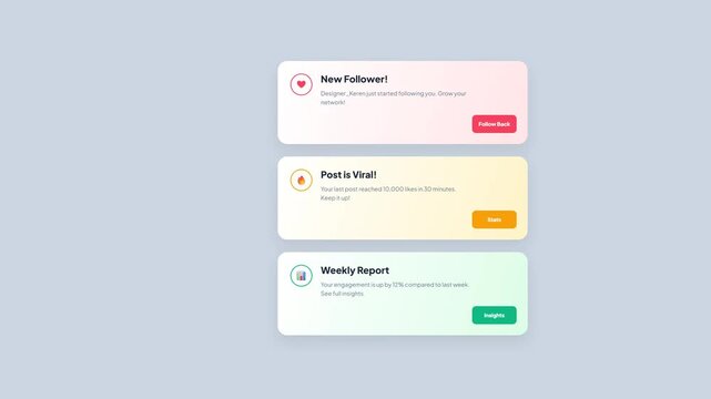 Social Media Notification Cards Stacking Animation for Follower Viral Post and Weekly Report