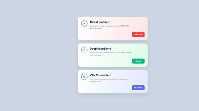 Cyber Security Notification Interface Alerts for Threat Blocked Deep Scan and VPN Connection