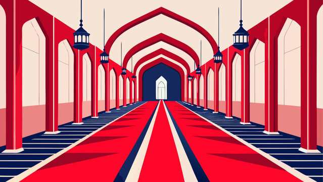 Vibrant mosque interior with red arches