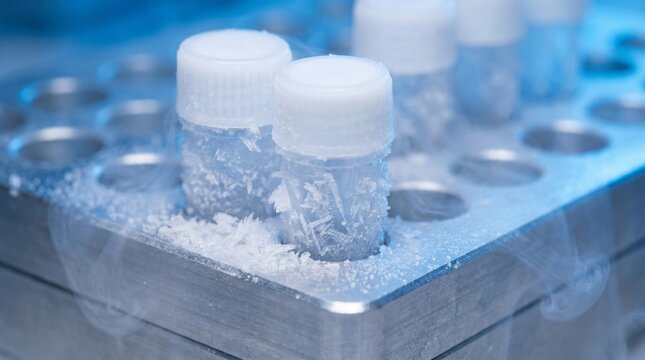 Macro View of Frosted Medical Cryovials In Storage Rack