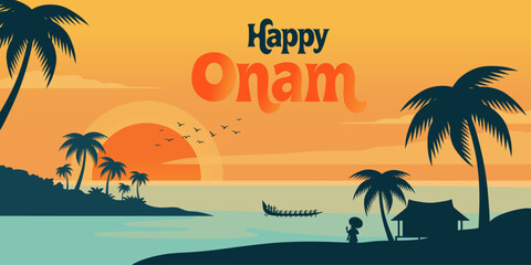 Silhouette of tropical beach with palm tree and boat during sunset. Happy Onam greeting card design. Traditional Kerala festival celebration with boat race and indian landscape scenery. © Helena