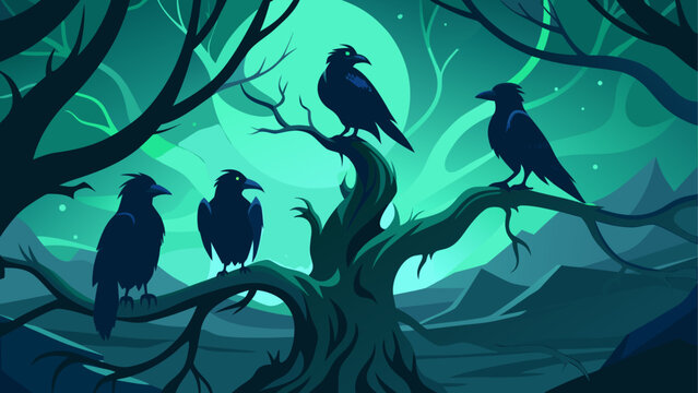 Crows gathering in a twisted tree under the moonlight