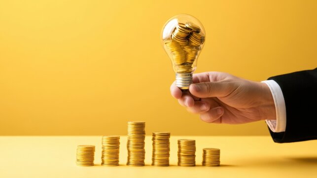 Hand holding a light bulb filled with gold coins with stacks of coins in increasing and decreasing order on yellow background representing idea profit investment and growth