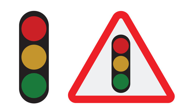 Traffic Road Signal  with Warning Triangle and Vertical Stoplight. Traffic light, stoplight, traffic signal, red green yellow, pedestrian crossing signal, traffic indicator.