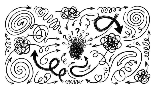 Mental chaos hand drawn illustration of overthinking and complex thought processes