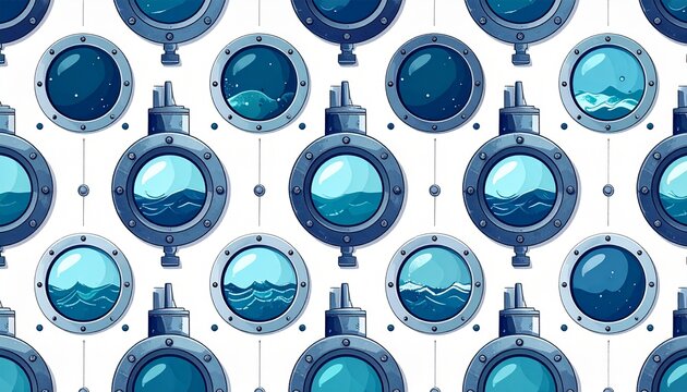 Seamless pattern of submarine periscope and porthole views with ocean scenery in flat 2D illustration style