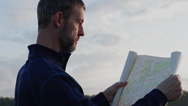 Middle age man searching in paper map and find way. Travel, adventure lifestyle concept