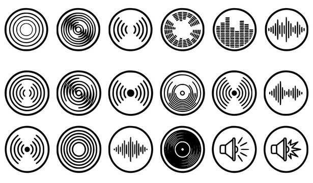 Sound wave and vinyl record icons set black and white vector graphics