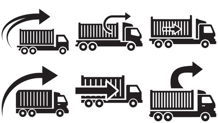 Obraz premium Cargo trucks with arrows showing shipping direction, freight transport and logistics delivery icons isolated on black background