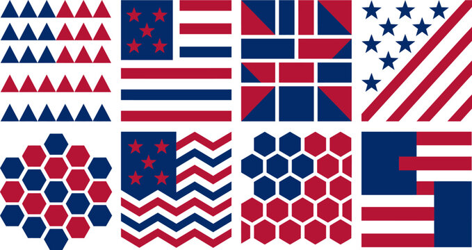 American and British flag patterns with geometric shapes and symbols